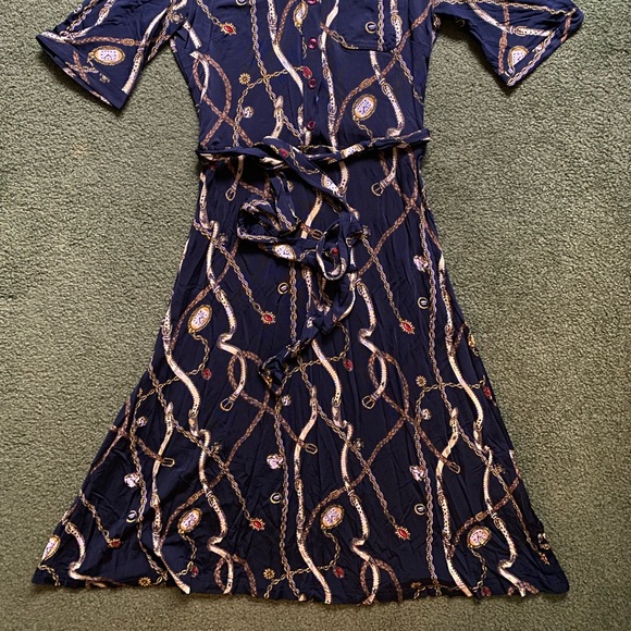 H&M Navy Blue Retro Style Watch Chain Print Midi Belted Shirt Dress - Size 4 XS - Picture 3 of 3
